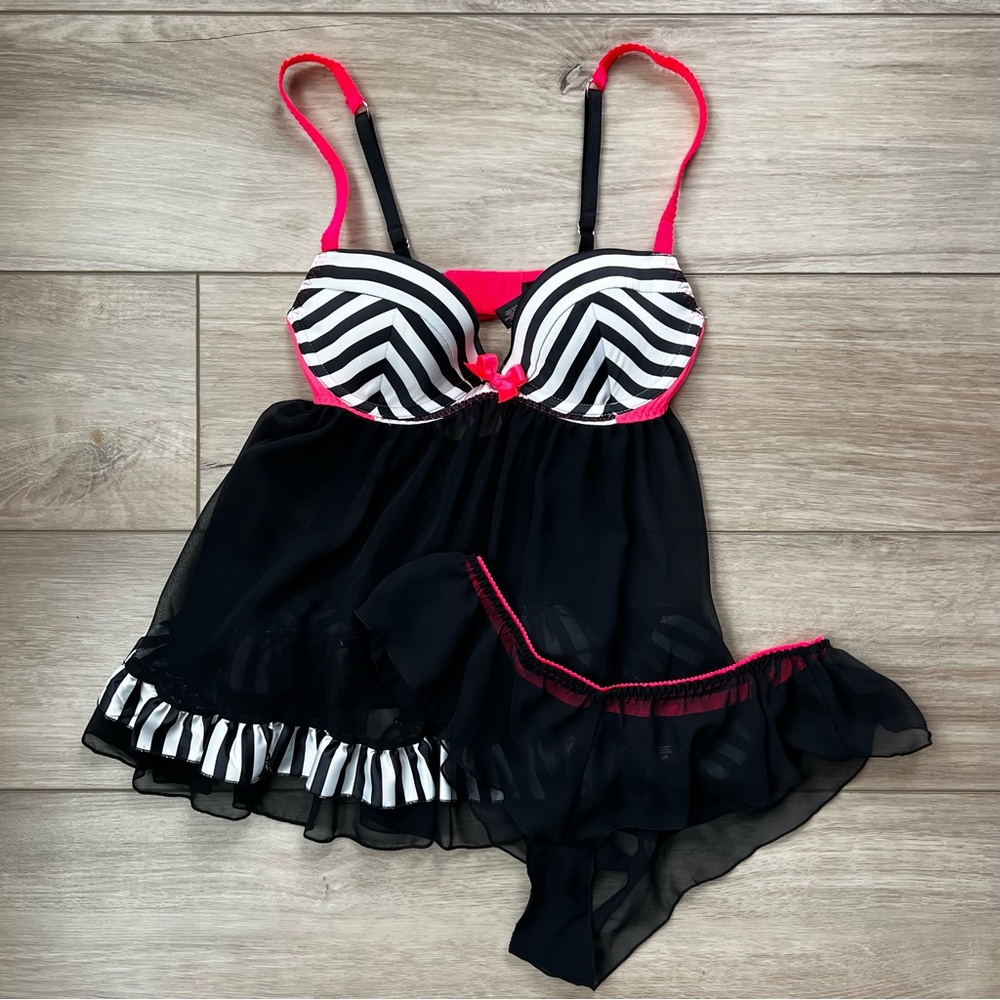 Victoria's Secret | Black and Pink Chemise with Sheer Ruffles